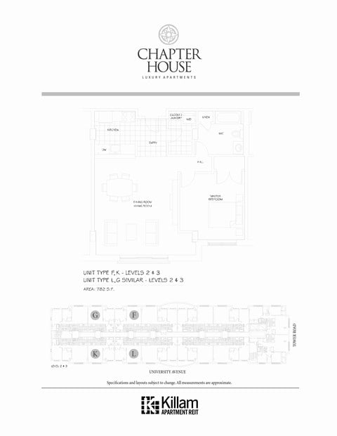 Floor plan for 1 bed, 1 bath, 782 sqft